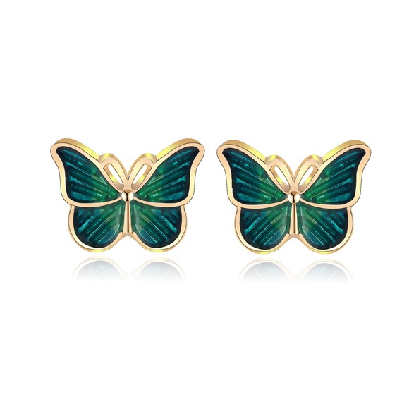 Retro Green + Gold Butterfly Earrings - Picture 2 of 2